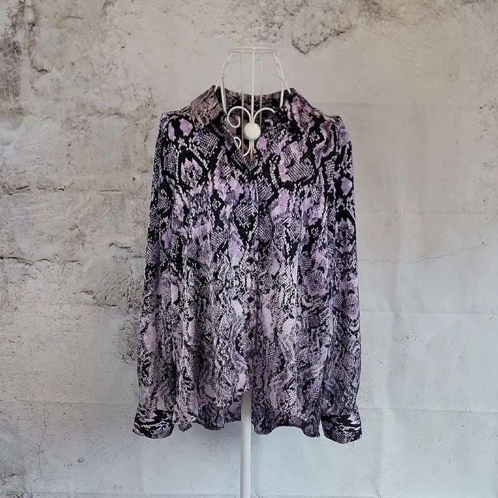I.N.C Button-Down Snake Print Long Sleeve Blouse - Purple & Black Womens Size L